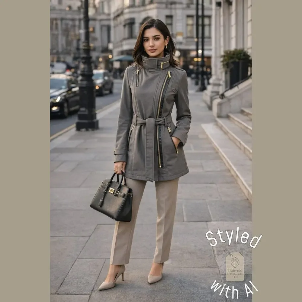 Michael Kors Gray Belted Softshell Coat XS | Faux-Fur Body Lining